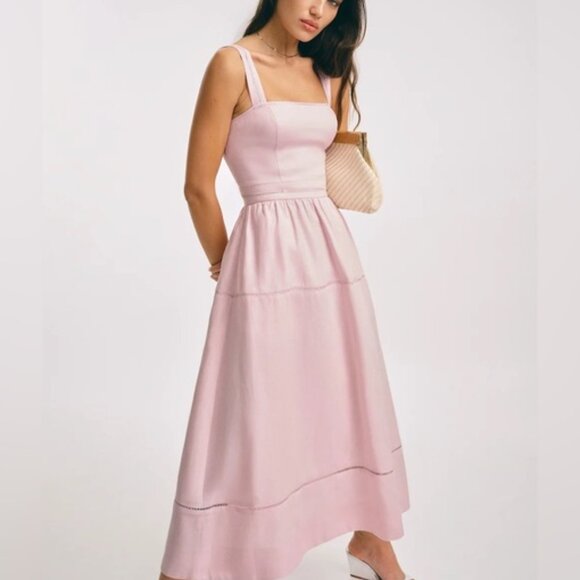 NEW Reformation Everett Linen Midi Dress Cherry Blossom Light Pink | US 4 UK 8 - Picture 11 of 14